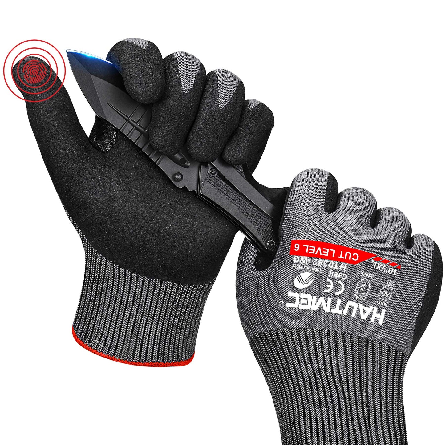 HAUTMEC InnoFlex Cut Resistant Work Gloves A6 Cutting Gloves, High-Dexterity Nitrile Dipped, Touchscreen, 13 Gauge Knit Reinforced Nitrile Coating Cut Proof Gloves for Men for Construction, Manufacture, Garden, Fishing, Garden(XL) HT0382