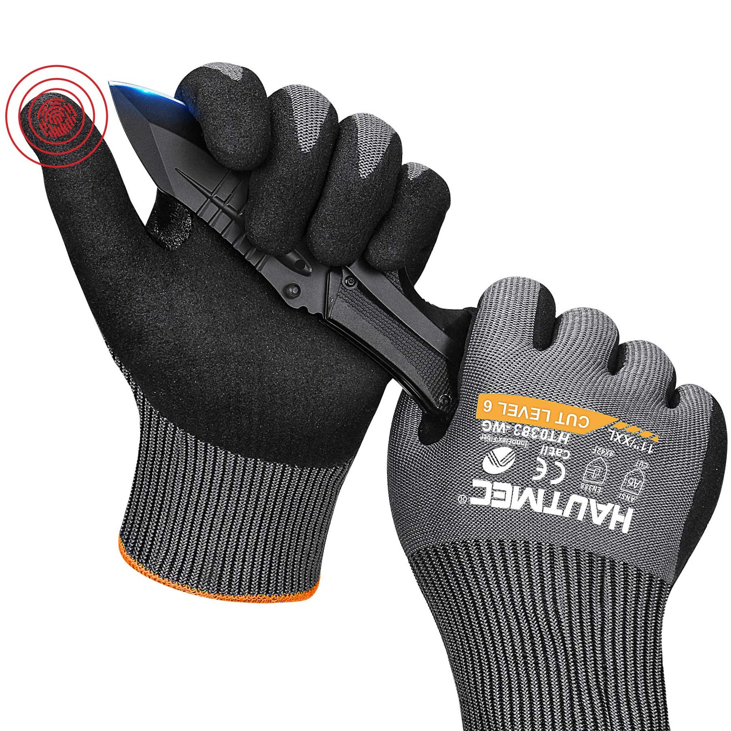 HAUTMEC InnoFlex Cut Resistant Work Gloves A6 Cutting Gloves, High-Dexterity Nitrile Dipped, Touchscreen, 13 Gauge Knit Reinforced Nitrile Coating Cut Proof Gloves for Men for Construction, Manufacture, Garden, Fishing, Garden(XXL) HT0383