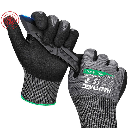 HAUTMEC InnoFlex Cut Resistant Work Gloves A6 Cutting Gloves, High-Dexterity Nitrile Dipped, Touchscreen, 13 Gauge Knit Reinforced Nitrile Coating Cut Proof Gloves for Men for Construction, Manufacture, Garden, Fishing, Garden(M) HT0380