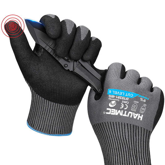 HAUTMEC InnoFlex Cut Resistant Work Gloves A6 Cutting Gloves, High-Dexterity Nitrile Dipped, Touchscreen, 13 Gauge Knit Reinforced Nitrile Coating Cut Proof Gloves for Men for Construction, Manufacture, Garden, Fishing, Garden(L) HT0381