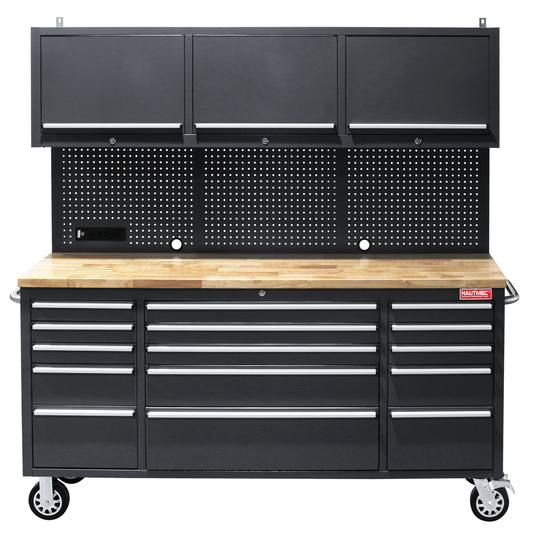 HAUTMEC 72-Inch Rolling Tool Chest，Mobile Garage Workbench，Tool Box on Wheels, Tool Cabinet with 15 Drawers, 3 Upper Cabinets, Pegboard, ETL-Certified Power Strip & Heavy-Duty Oak Work Surface