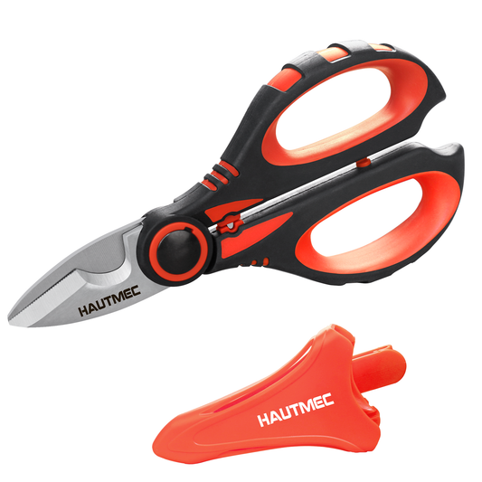 HAUTMEC Electrician Scissor, 6-1/4" Professional Electrician Shears with Stainless Serrated Blade, Cable Shears With Crimp, Notch Blade With Sheath, Comfortable Reinforced Fiberglass Handle,HT0416