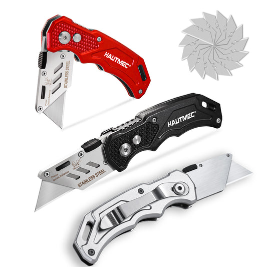 HAUTMEC 3-Pack Folding Utility Knife, Durable Aluminum Box Cutter with Quick-Change Blades & Lock-Back Safety Design, Includes 15 Extra SK5 Blades, HT0429-KN