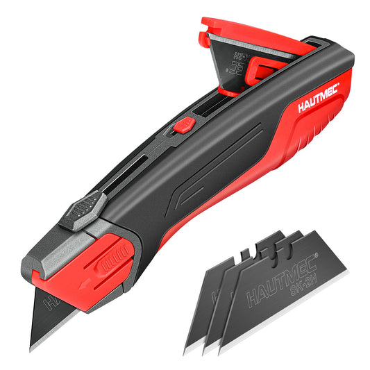 HAUTMEC Safety Self Retractable Utility Knife, Professional Heavy Duty Box Cutter With Extra 3 Black Sk2H Blades, Tool-free Blade Change, Safety Knife for Work HT0414-KN