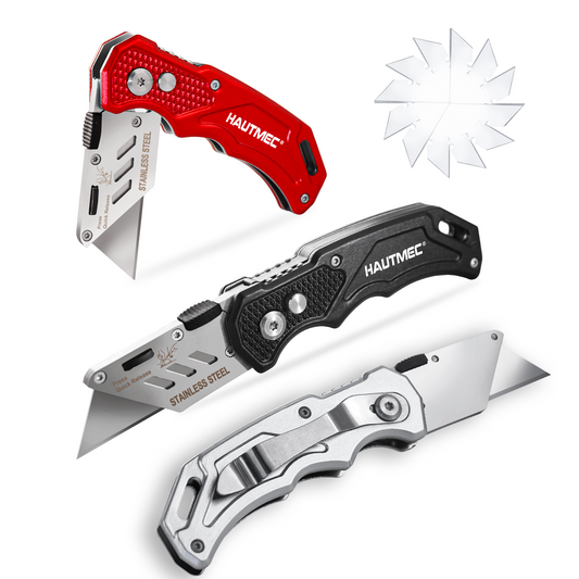 HAUTMEC 3-Pack Folding Utility Knife, Durable Aluminum Box Cutter with Quick-Change Blades & Lock-Back Safety Design, Includes 15 Extra SK5 Blades, HT0429-KN