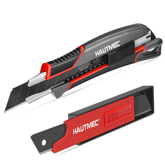 HAUTMEC Heavy Duty Utility Knife Box Cutter 18mm In Alluminum Alloy Shell, with Extra Ultra Sharp Black Sk2H 10 Blades in Safety Dispenser, Retractable and Auto-lock, HT0413-KN