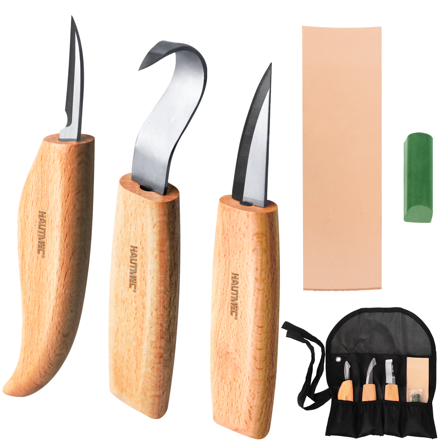 HAUTMEC Wood Carving Whittling Tools Set for Beginner Carver,Youngsters,Includes 3pcs Carving Knives And Leather Strop and Polishing Compound, HT0390