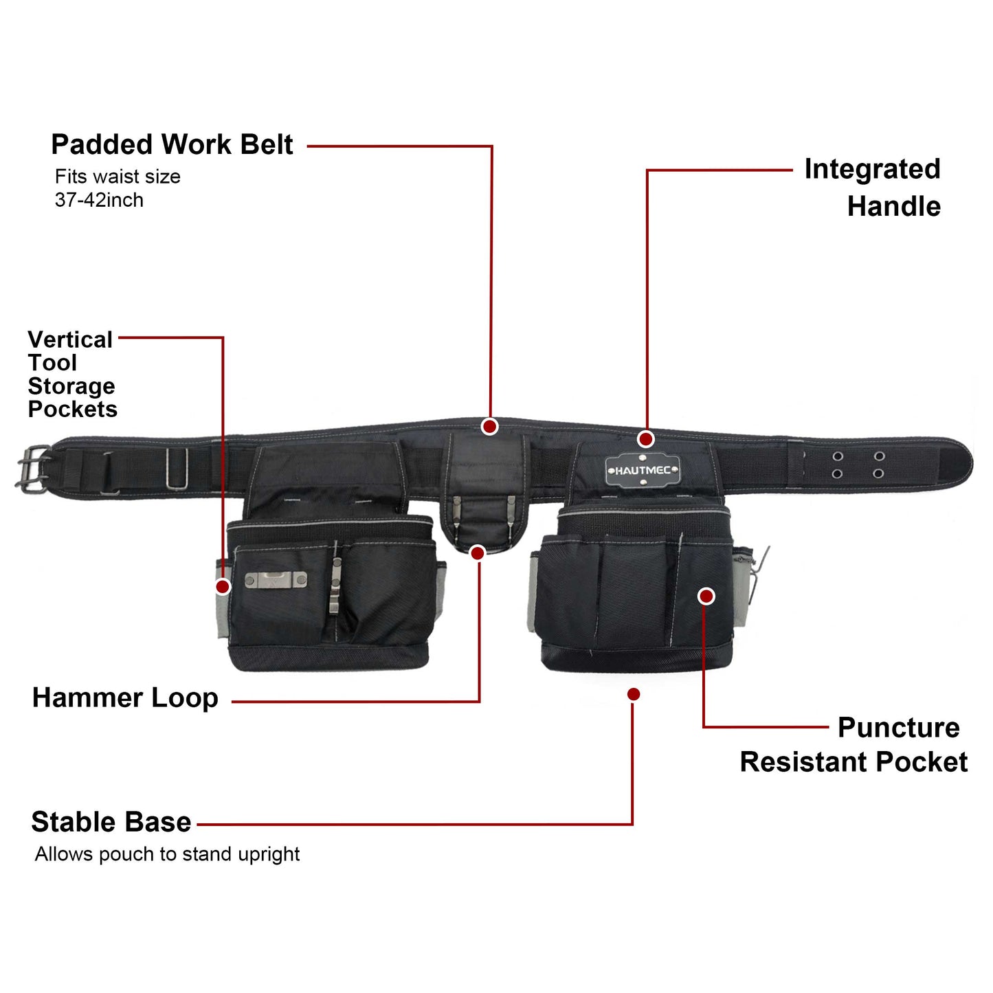 HAUTMEC Adjustable Electricians Work Belt, 20-pocket 3-in-1 Ventilated Work Belt, Heavy Duty Combo Tool Belt, Detachable Padded 1680-Denier Tool Pouch Bag (Fits Large 37-42 Inch Waist) HT0177-TB