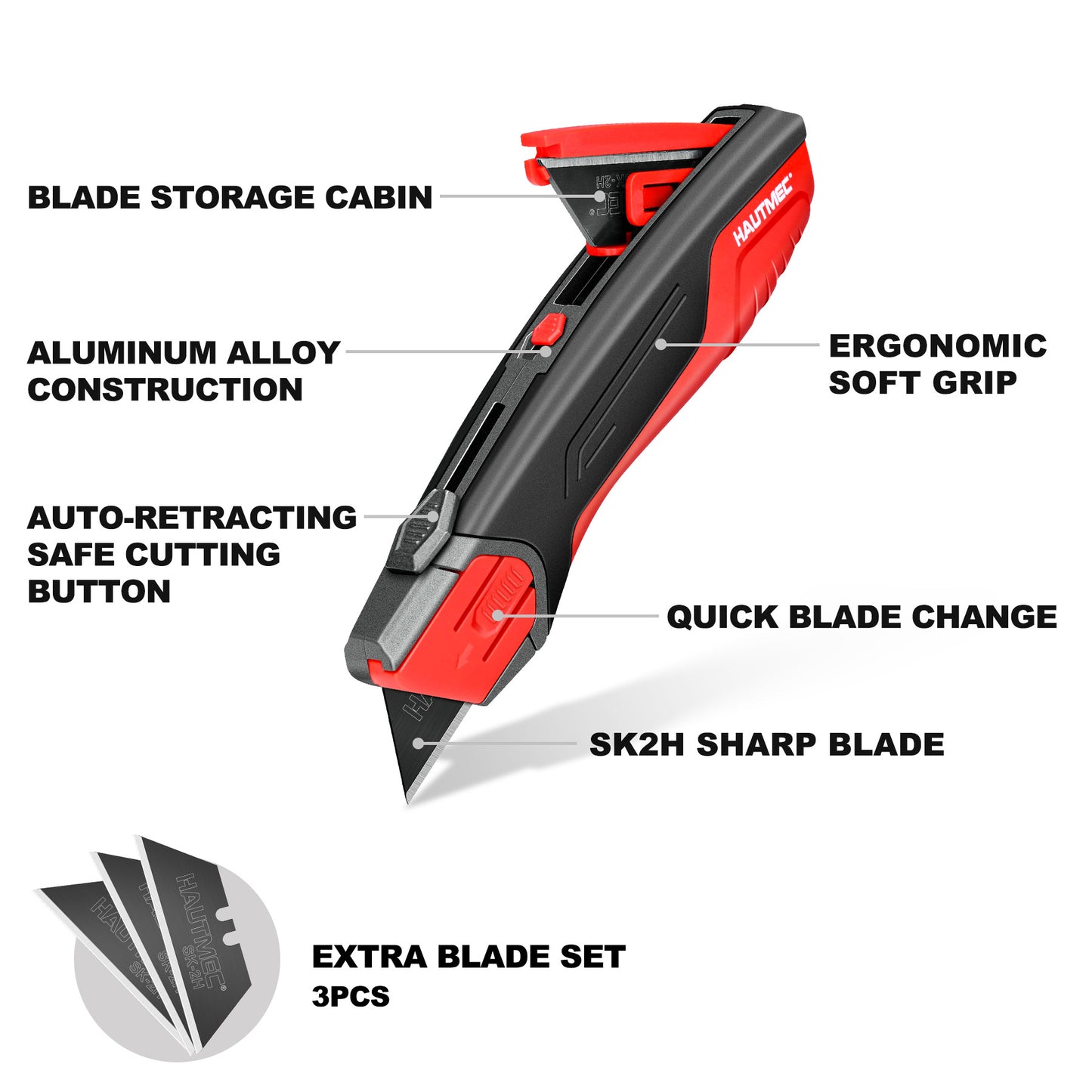 HAUTMEC Safety Self Retractable Utility Knife, Professional Heavy Duty Box Cutter With Extra 3 Black Sk2H Blades, Tool-free Blade Change, Safety Knife for Work HT0414-KN