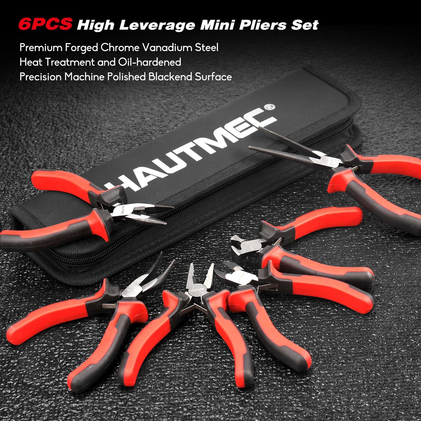 HAUTMEC 6PCS Mini Pliers Set High Leverage Multi Pliers Tool Set with Mini Needle Nose Pliers,Linesman Pliers,Long Nose Pliers,Bent Nose Pliers,Diagonal Cutters,End Cutting Pliers HT0275