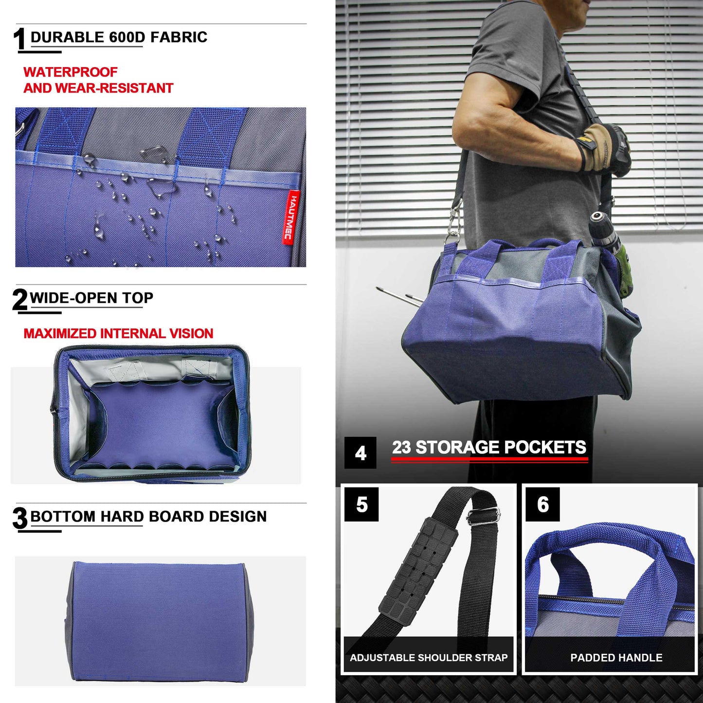HAUTMEC Sturdy Waterproof Tool Bag 12 Inch, Multi-pocket Folding Tote Bag, Strengthened Base HT0074-TB