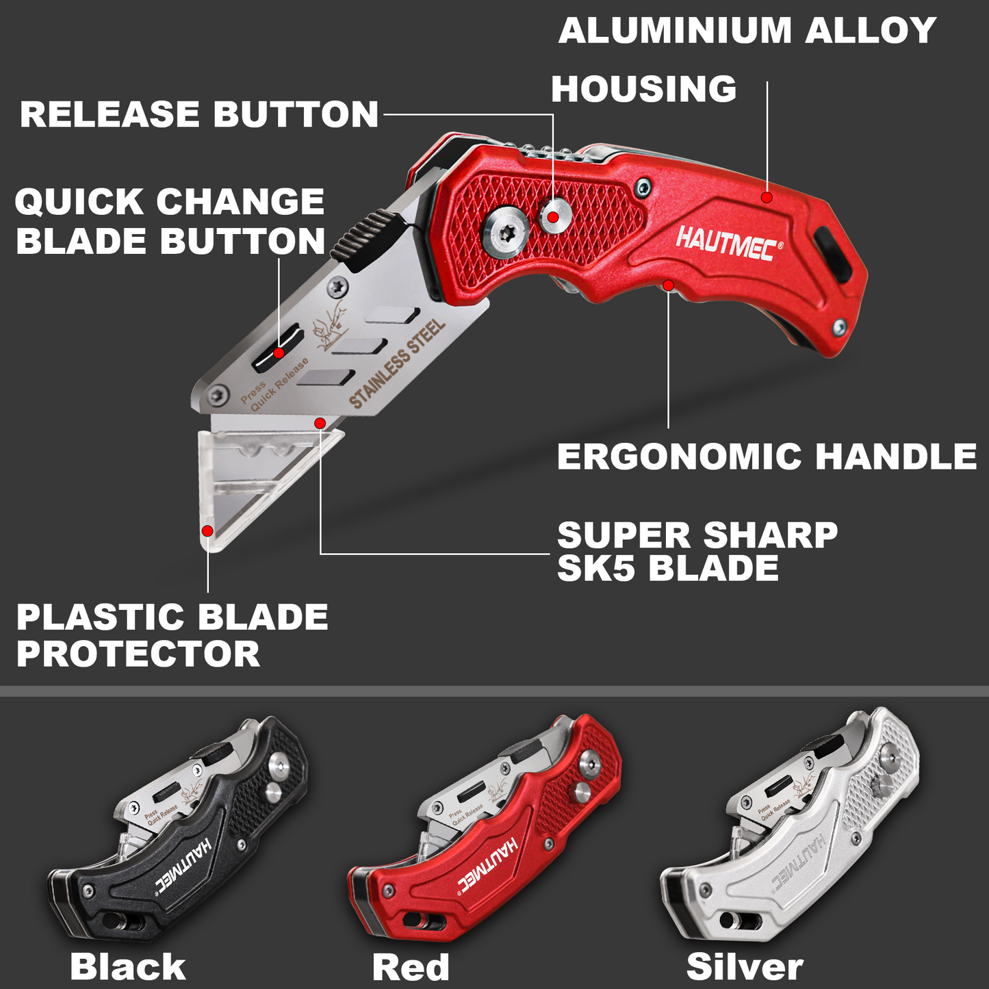 HAUTMEC 3-Pack Folding Utility Knife, Durable Aluminum Box Cutter with Quick-Change Blades & Lock-Back Safety Design, Includes 15 Extra SK5 Blades, HT0429-KN