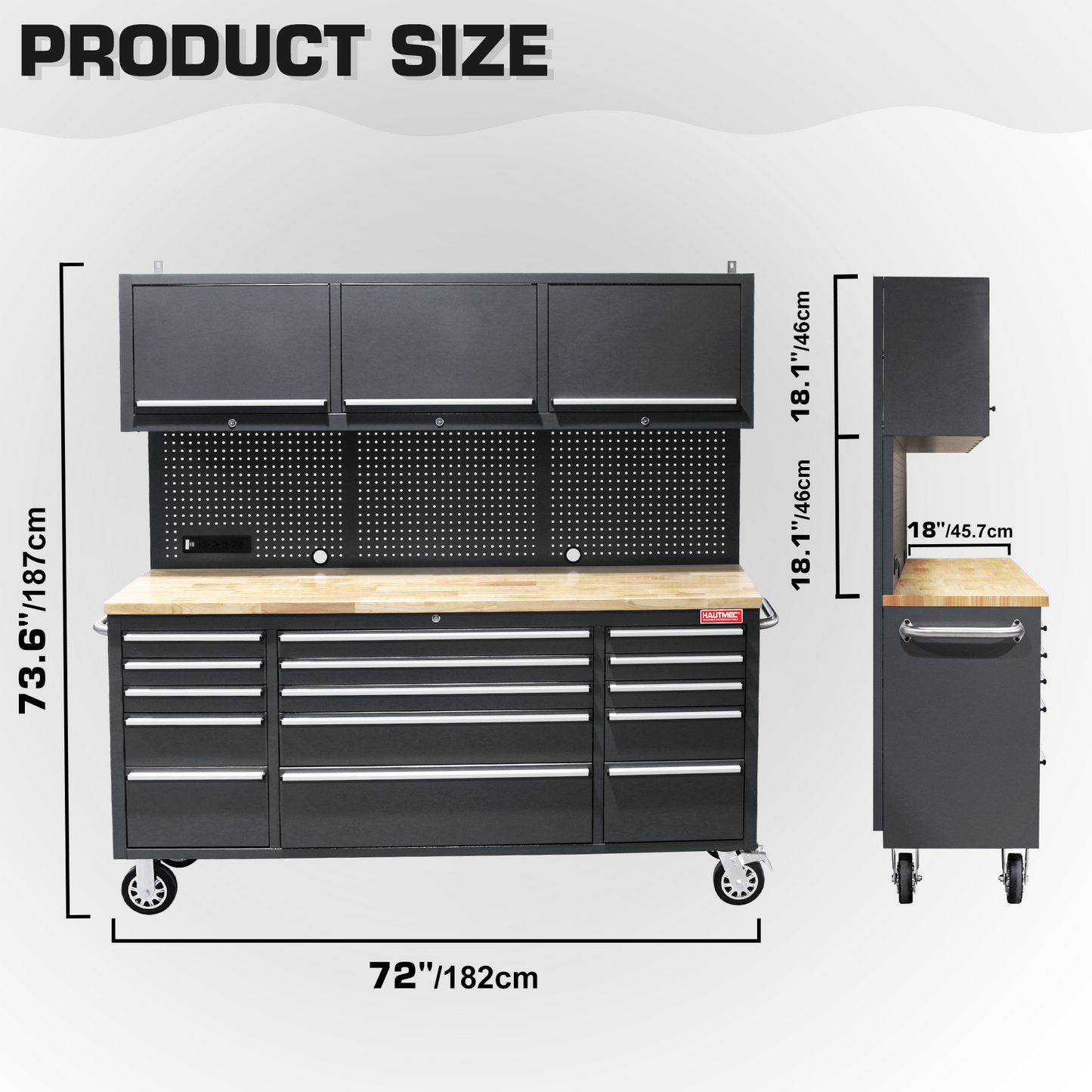 HAUTMEC 72-Inch Rolling Tool Chest，Mobile Garage Workbench，Tool Box on Wheels, Tool Cabinet with 15 Drawers, 3 Upper Cabinets, Pegboard, ETL-Certified Power Strip & Heavy-Duty Oak Work Surface