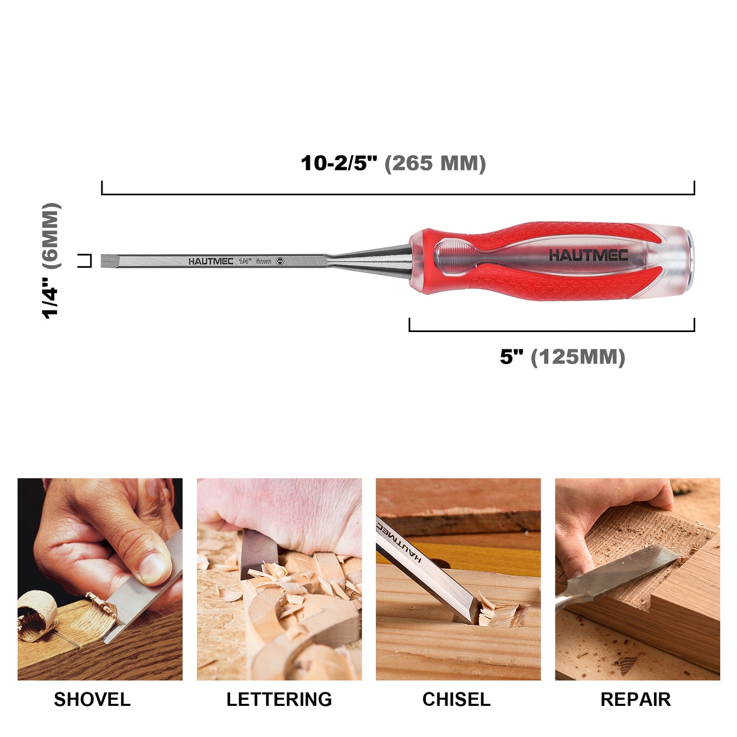 HAUTMEC 1/4" High Impact Wood Chisel for Woodworking, Drop-Forged CRV Steel, Beveled Edge Blade, Ergonomic Handle Wood Chisel for Carpentry,Wood Carvers, HT0359