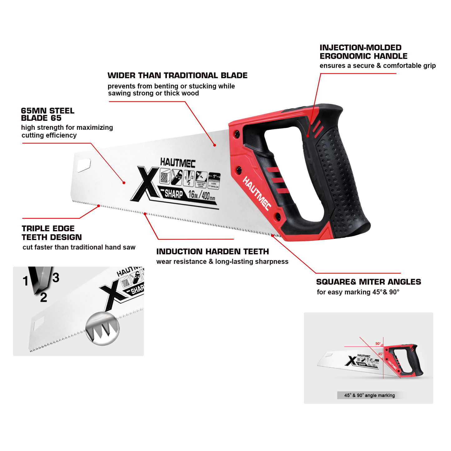 HAUTMEC 16 in. Universal X-Sharp Hand Saw - 11 TPI Fine Cuts Wood Saw - Professional Universal Saws for Wood, Laminate And Plastic - Ripcut And Crosscut Saw, HT0152-SA