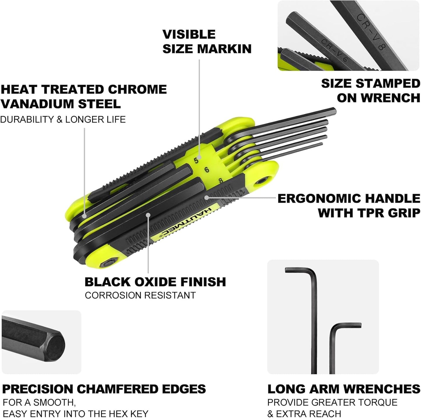 HAUTMEC 61-Piece Allen Wrench Set, Includes 25PC Folding, 36PC Long And Short Arm Hex Key Set, Metric/SAE/Torx Size, Chrome Vanadium Steel, Chamfered Edge for General Applications, HT0389