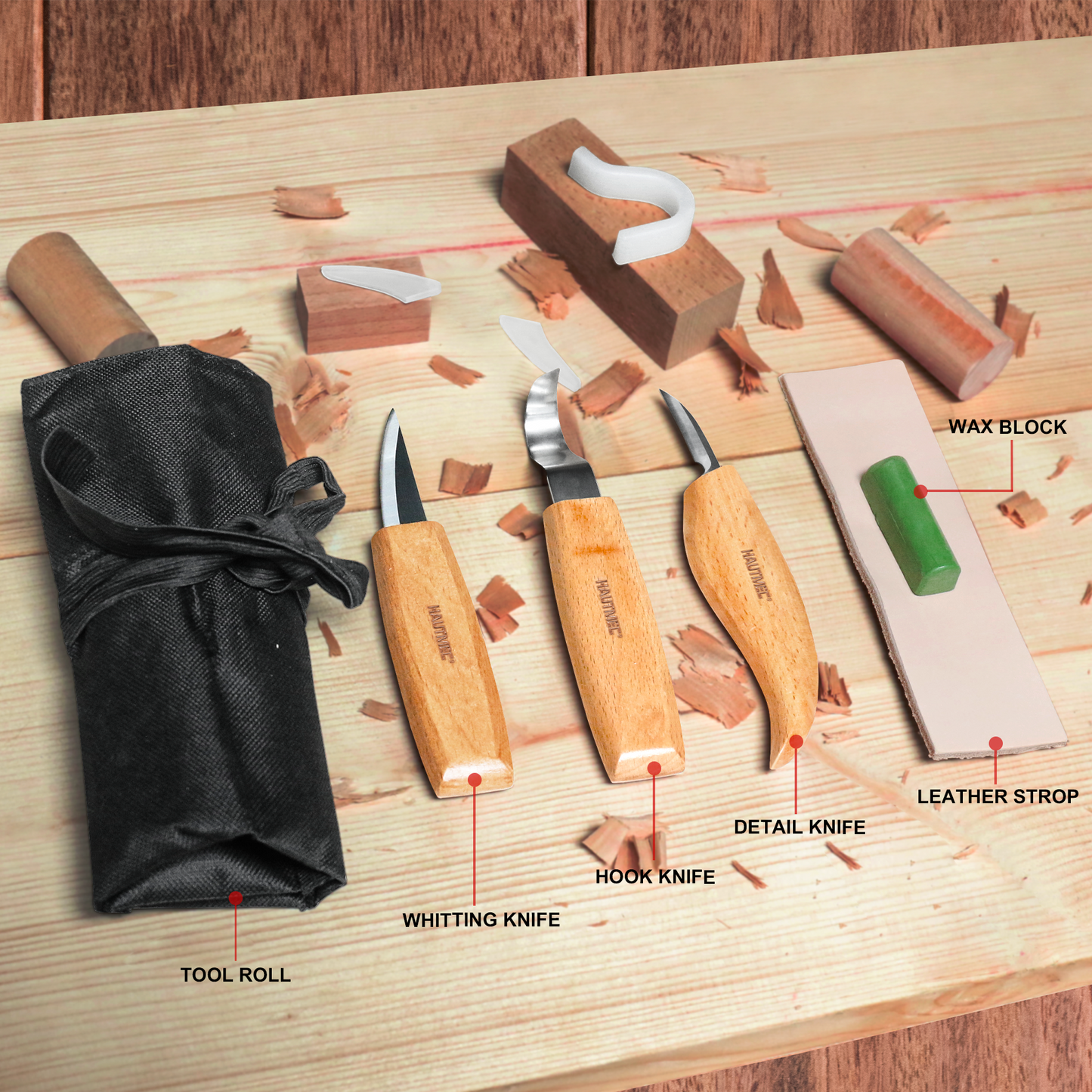 HAUTMEC Wood Carving Whittling Tools Set for Beginner Carver,Youngsters,Includes 3pcs Carving Knives And Leather Strop and Polishing Compound, HT0390