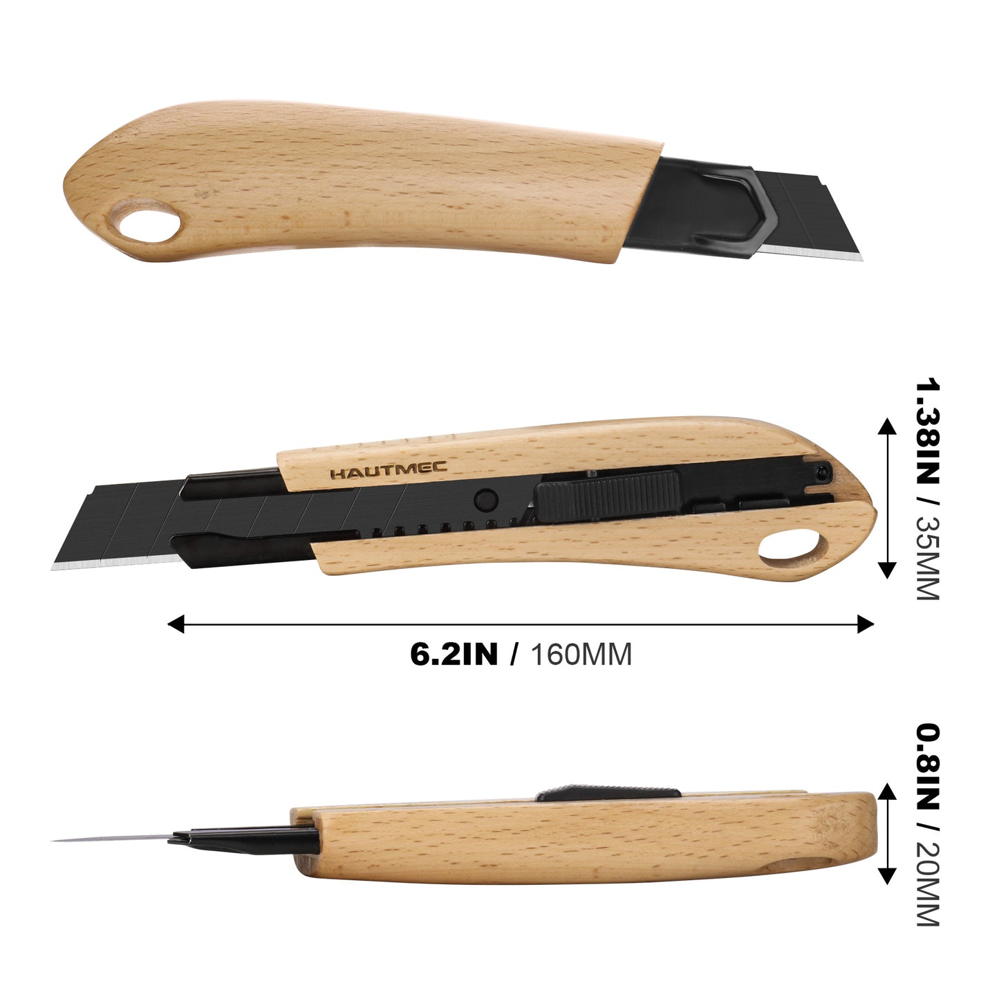 HAUTMEC 18mm Eco-friendly Wooden Handle Utility Knife, Autolock and Snap-off Knife with SK2H Ultra Sharp Black Blade, Suitable Gifts for Husband, Dad HT0352-1PC