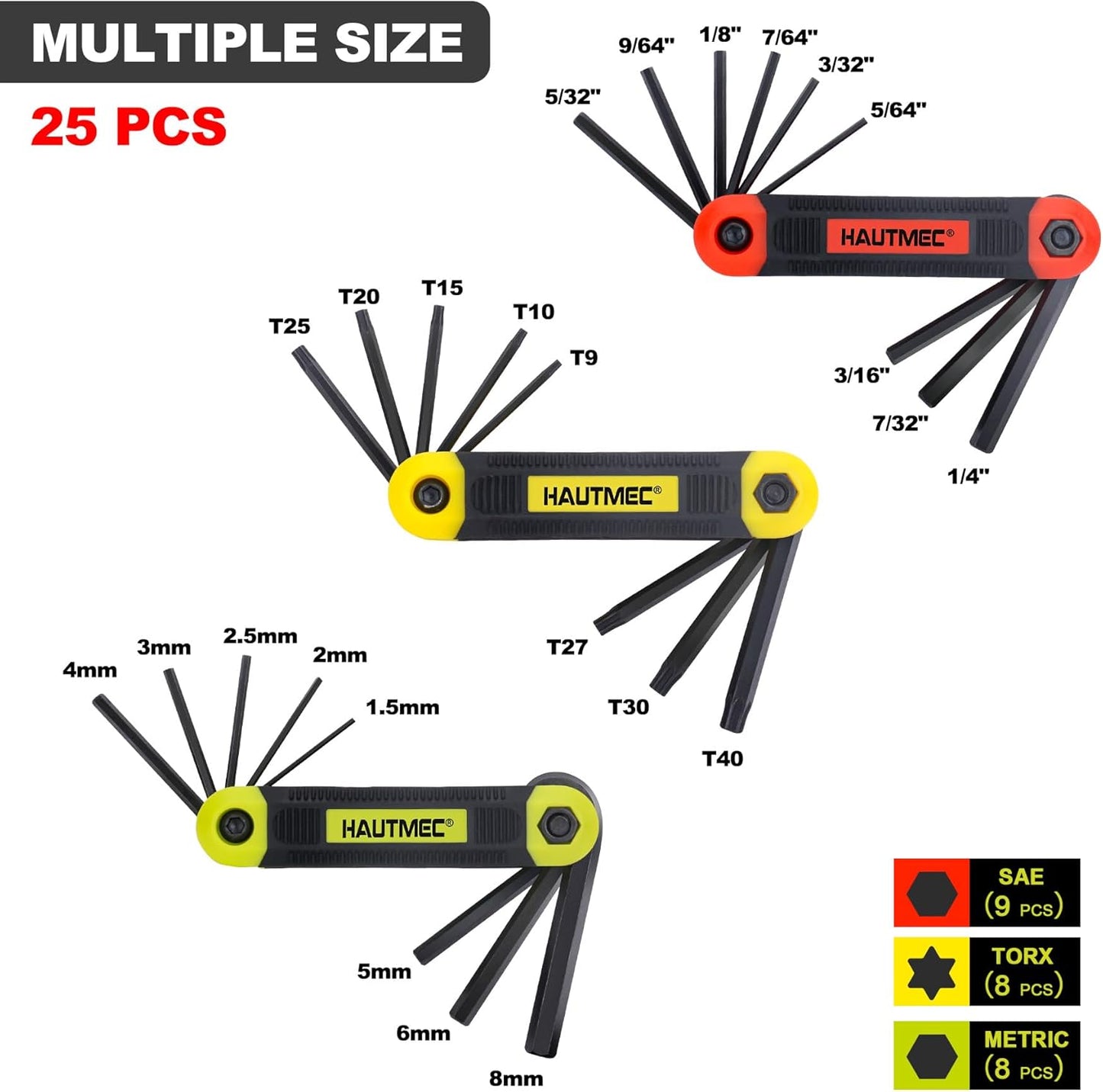 HAUTMEC 61-Piece Allen Wrench Set, Includes 25PC Folding, 36PC Long And Short Arm Hex Key Set, Metric/SAE/Torx Size, Chrome Vanadium Steel, Chamfered Edge for General Applications, HT0389