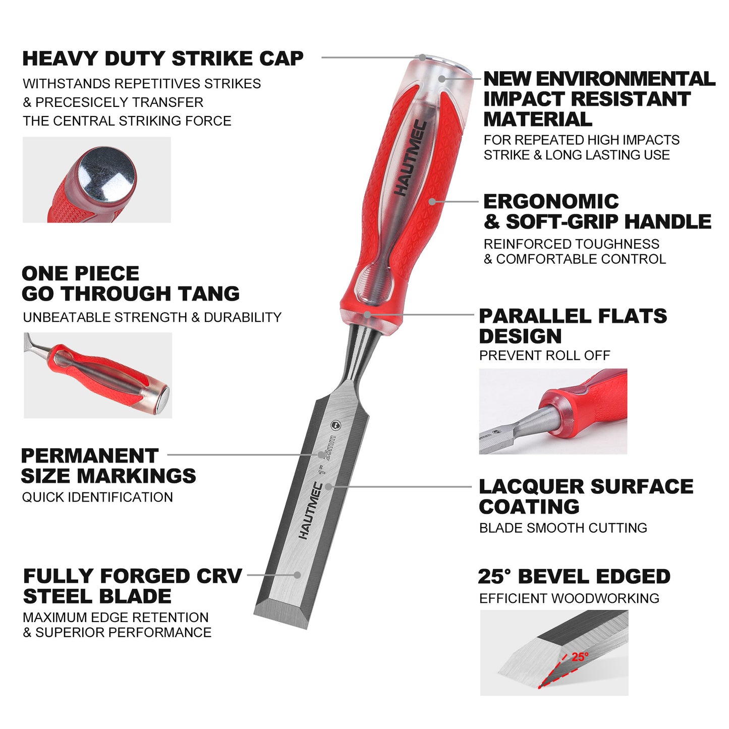 HAUTMEC 1" High Impact Wood Chisel for Woodworking, Drop-Forged CRV Steel, Beveled Edge Blade, Ergonomic Handle Wood Chisel for Carpentry,Wood Carvers, HT0362