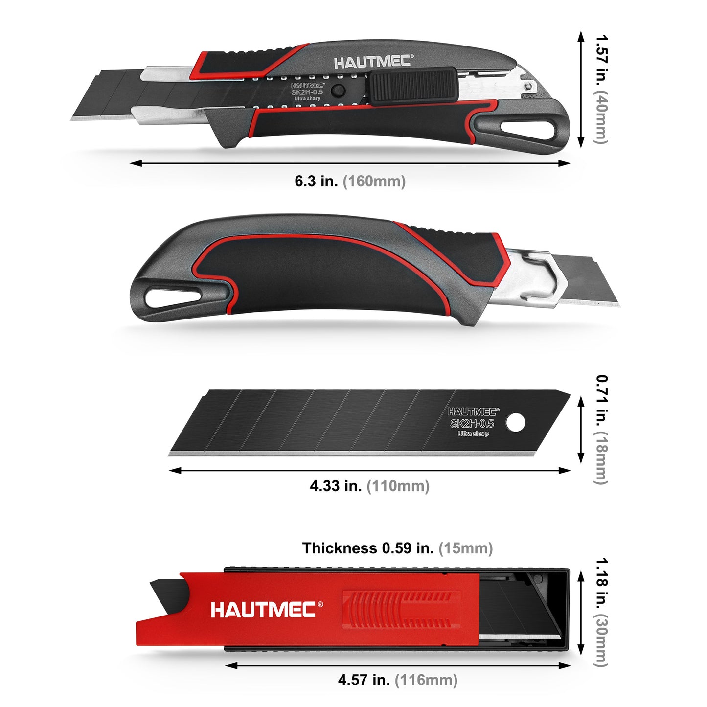 HAUTMEC Heavy Duty Utility Knife Box Cutter 18mm In Alluminum Alloy Shell, with Extra Ultra Sharp Black Sk2H 10 Blades in Safety Dispenser, Retractable and Auto-lock, HT0413-KN