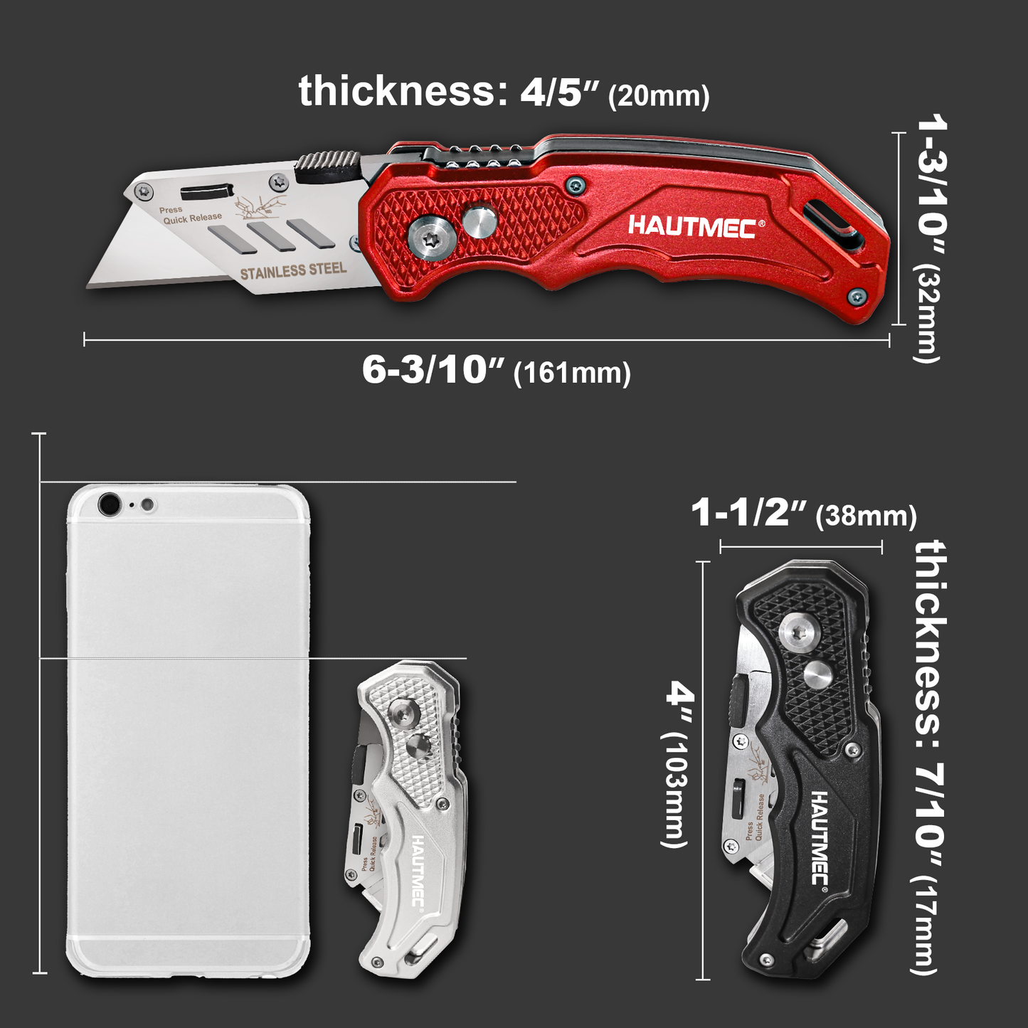 HAUTMEC 3-Pack Folding Utility Knife, Durable Aluminum Box Cutter with Quick-Change Blades & Lock-Back Safety Design, Includes 15 Extra SK5 Blades, HT0429-KN