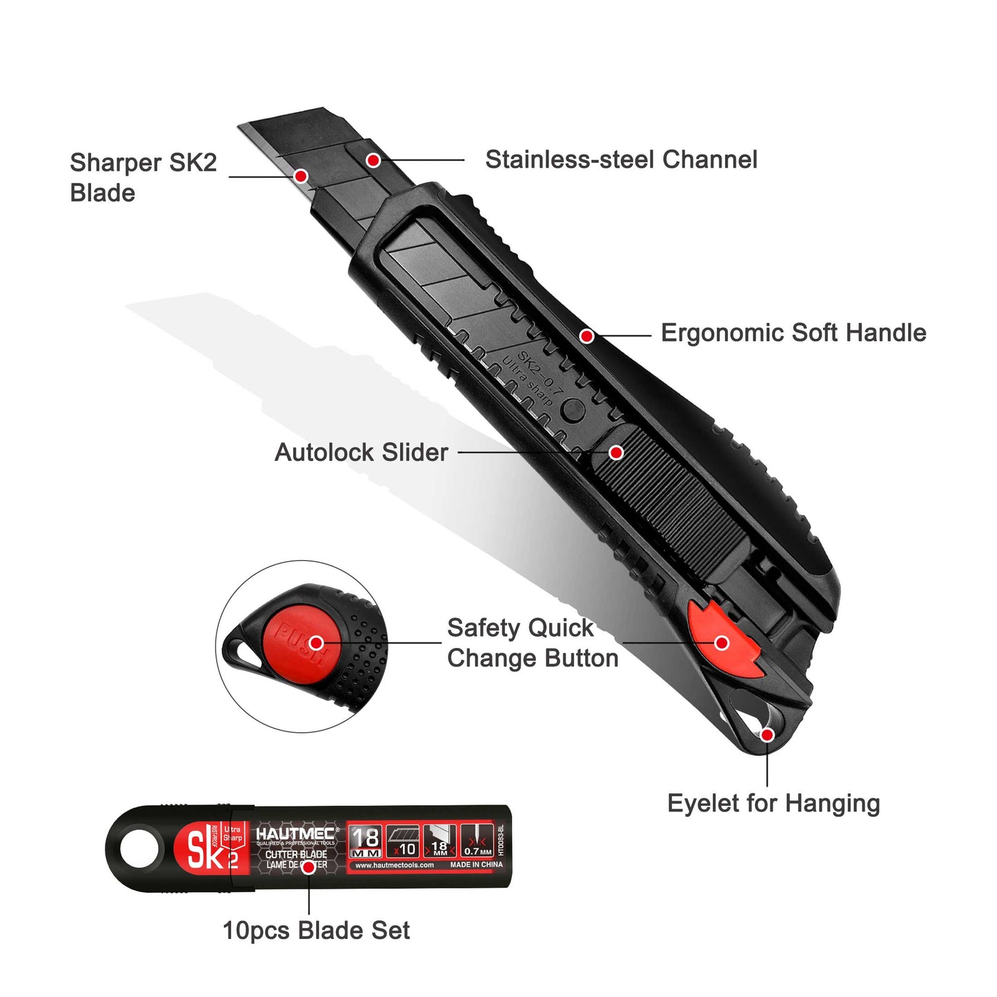 HAUTMEC 18mm Utility Knife Box Cutter with Quick Change Button and 10pcs Blade Set, Retractable Snap off Black SK2 Ultra Sharp Blade, Anti-Slip Ergonomic Rubber Handle HT0094-KN