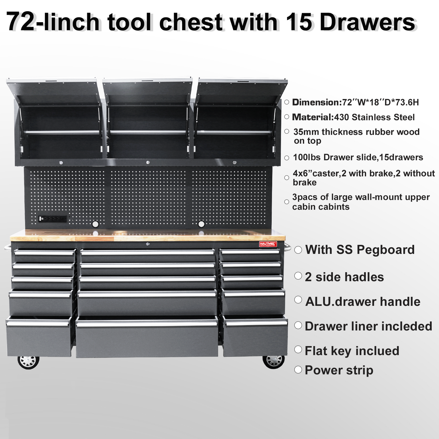 HAUTMEC 72 Inch Rolling Tool Chest Mobile Workbench,  15 Drawers, 3 Upper Cabinet, Assemble Large Tool Box, Storage Cabinet With Wheels, 4Outlets and 2 USB Ports,Capacity Up to 1600 lbs HT0428