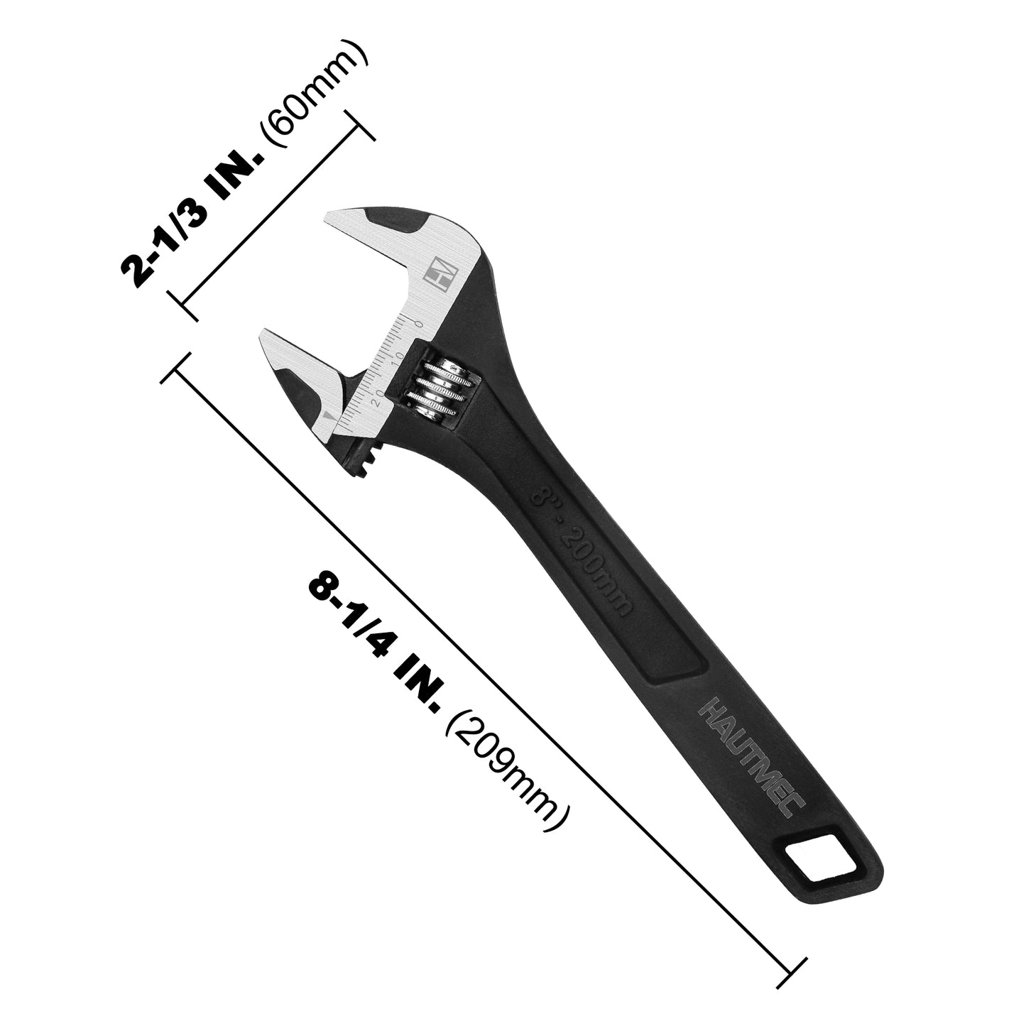 HAUTMEC 8 inch Adjustable Wrench Extra Wide Jaw Black Finish Adjustable Wrenches Drop-Forged CR-V Steel Metric & SAE Scales for Home Garage Workshop DIY, HT0373