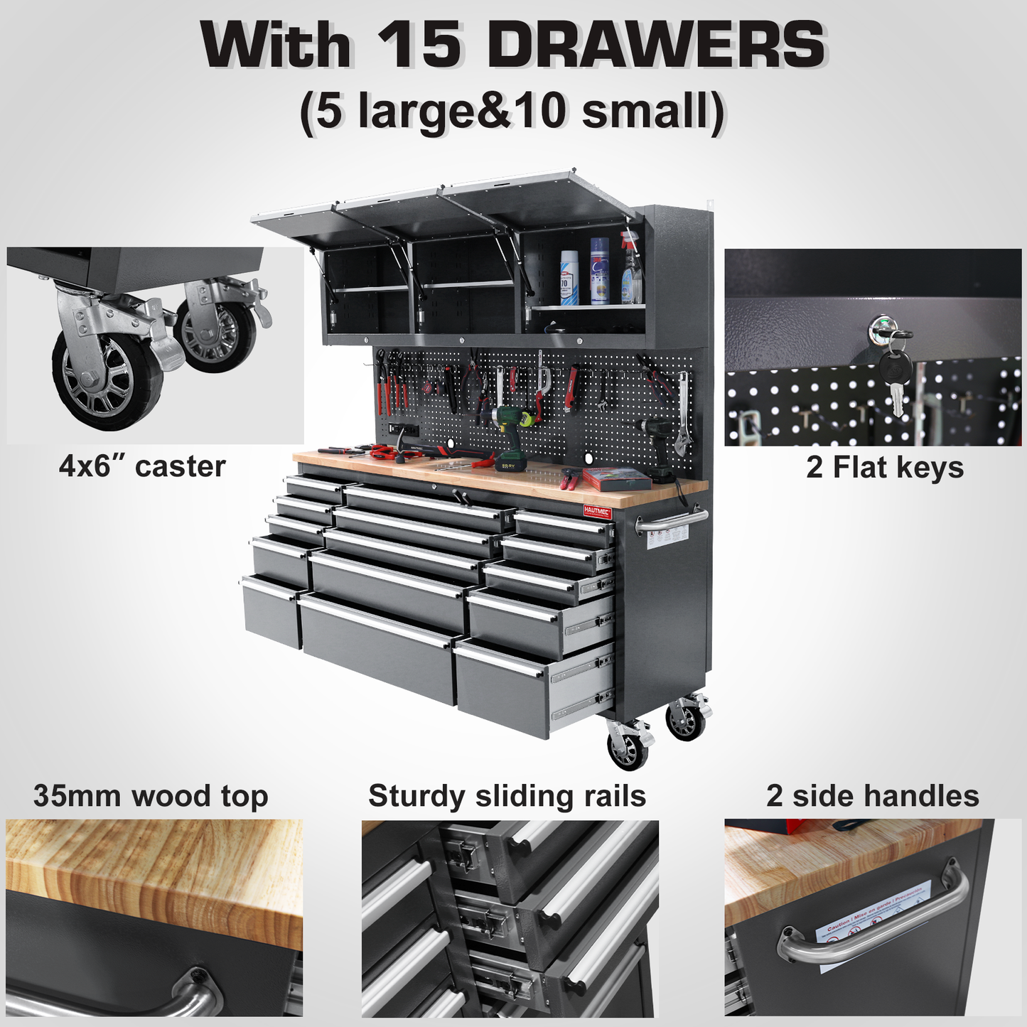 HAUTMEC 72-Inch Rolling Tool Chest，Mobile Garage Workbench，Tool Box on Wheels, Tool Cabinet with 15 Drawers, 3 Upper Cabinets, Pegboard, ETL-Certified Power Strip & Heavy-Duty Oak Work Surface