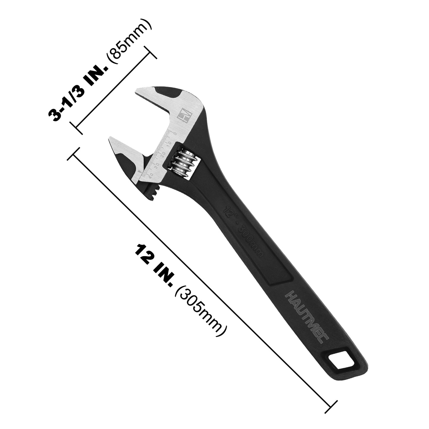 HAUTMEC 12 inch Adjustable Wrench Extra Wide Jaw Black Finish Adjustable Wrenches Drop-Forged CR-V Steel Metric & SAE Scales for Home Garage Workshop DIY, HT0375