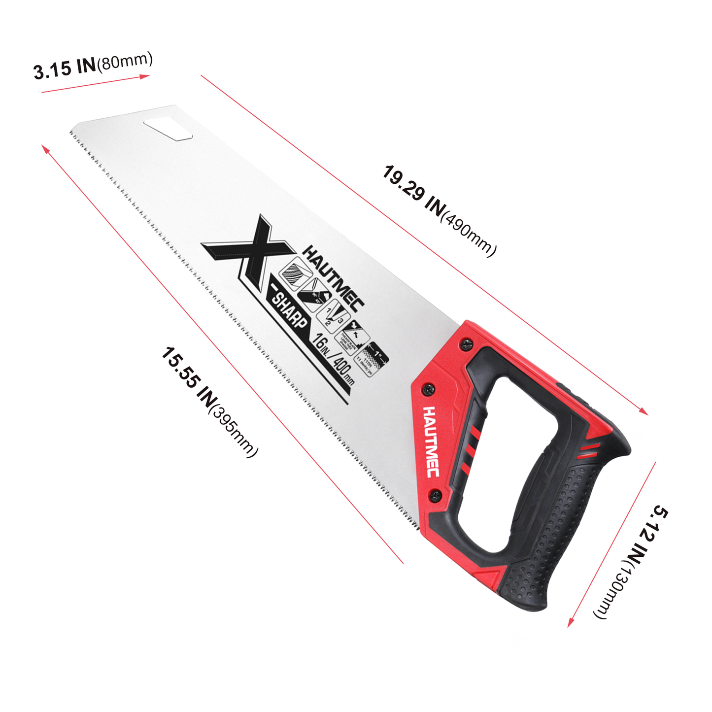 HAUTMEC 16 in. Universal X-Sharp Hand Saw - 11 TPI Fine Cuts Wood Saw - Professional Universal Saws for Wood, Laminate And Plastic - Ripcut And Crosscut Saw, HT0152-SA