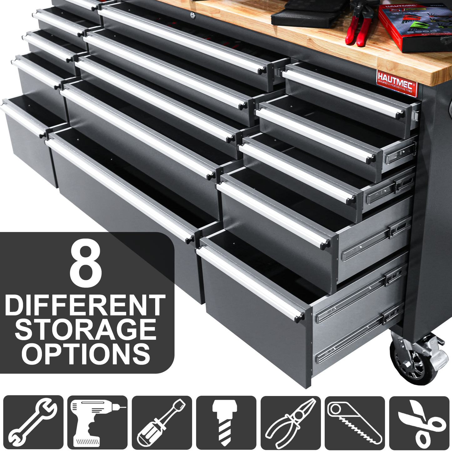 HAUTMEC 72 Inch Rolling Tool Chest Mobile Workbench,  15 Drawers, 3 Upper Cabinet, Assemble Large Tool Box, Storage Cabinet With Wheels, 4Outlets and 2 USB Ports,Capacity Up to 1600 lbs HT0428