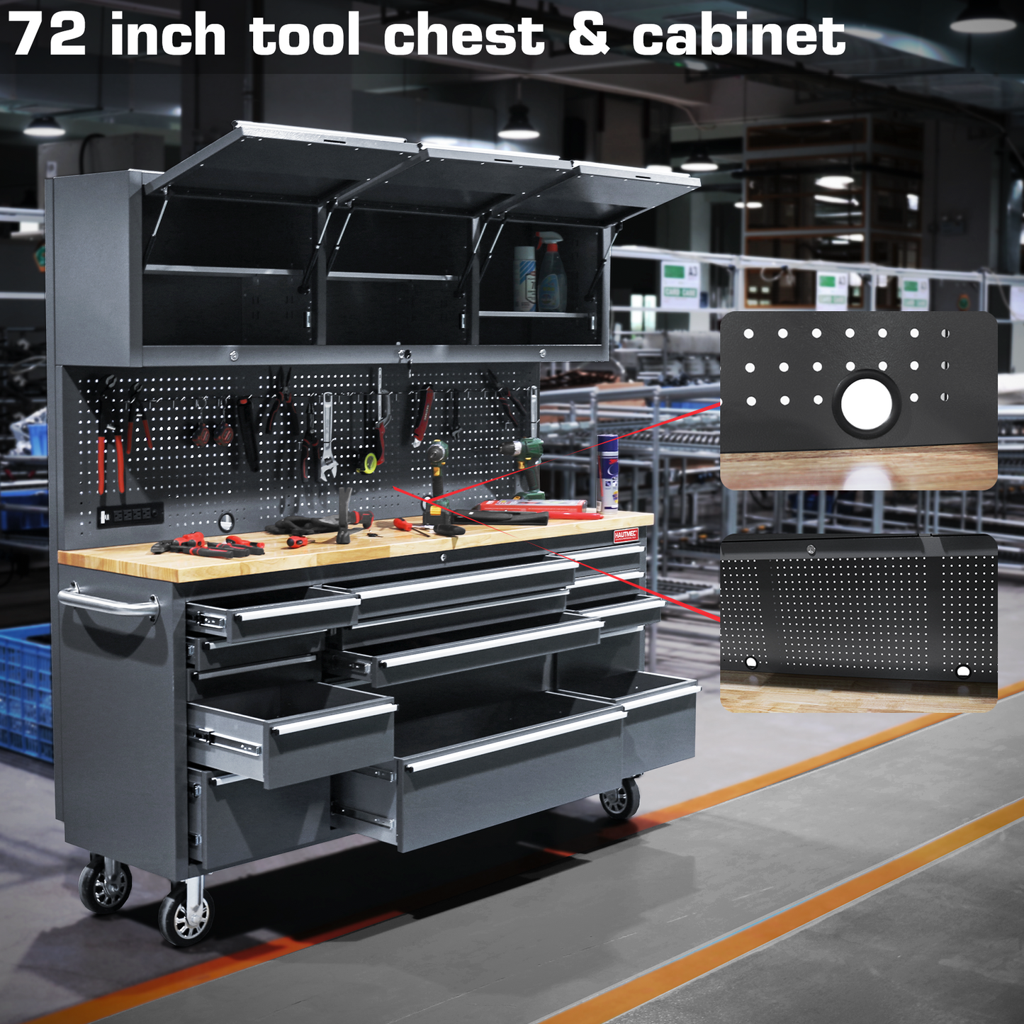 HAUTMEC 72 Inch Rolling Tool Chest Mobile Workbench,  15 Drawers, 3 Upper Cabinet, Assemble Large Tool Box, Storage Cabinet With Wheels, 4Outlets and 2 USB Ports,Capacity Up to 1600 lbs HT0428