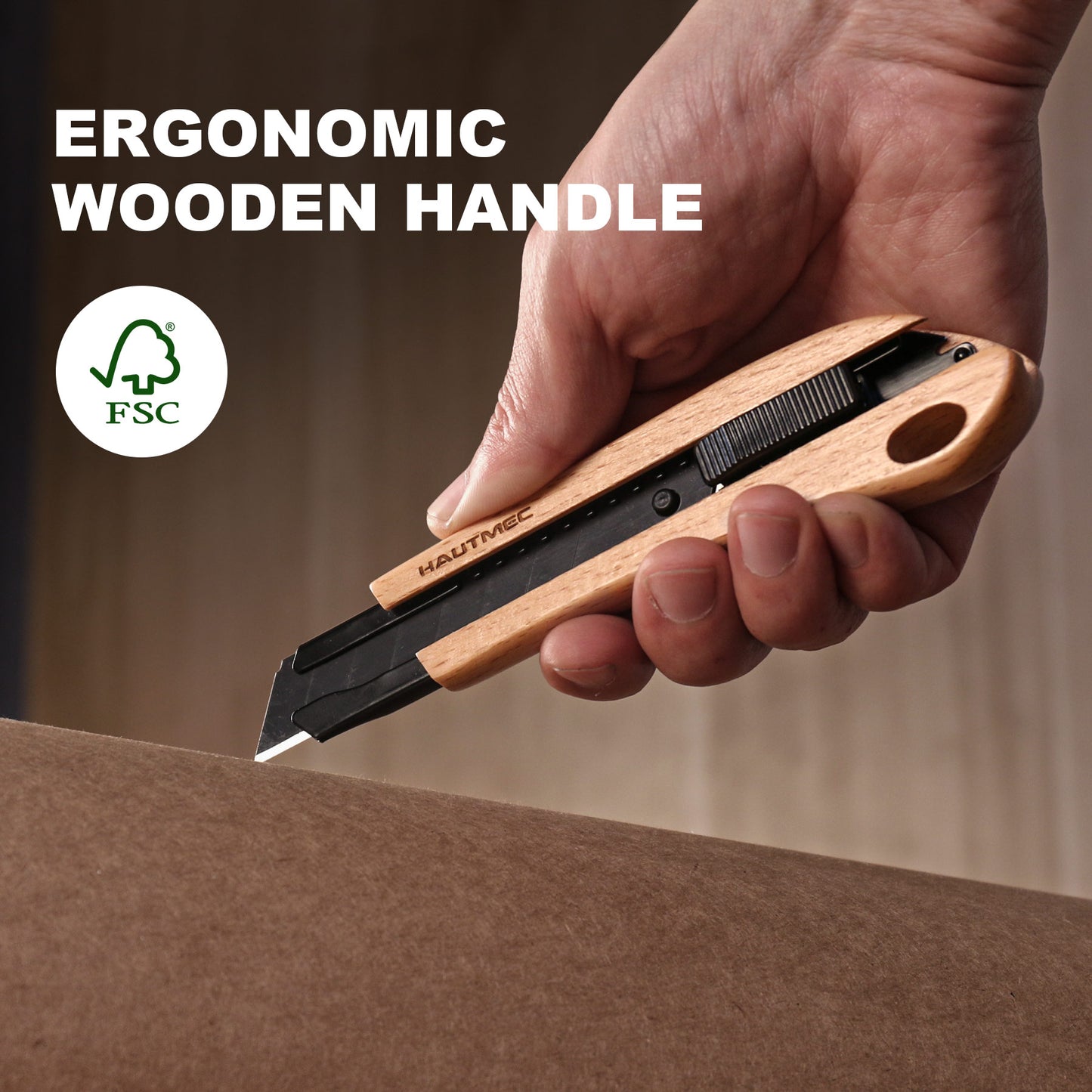 HAUTMEC 18mm Eco-friendly Wooden Handle Utility Knife, Autolock and Snap-off Knife with SK2H Ultra Sharp Black Blade, Suitable Gifts for Husband, Dad HT0352-1PC