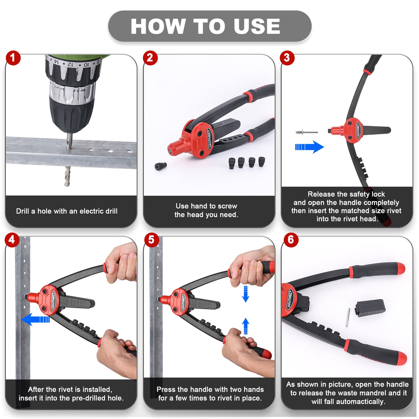 HAUTMEC Rivet Nut Tool, 13" Labor Saving Hand Riveter with Automatic Spring, 5 Tool-Free Interchangeable Nosepieces, Heavy Duty Hand Riveter for Aluminum, Steel, Stainless Steel, HT0387