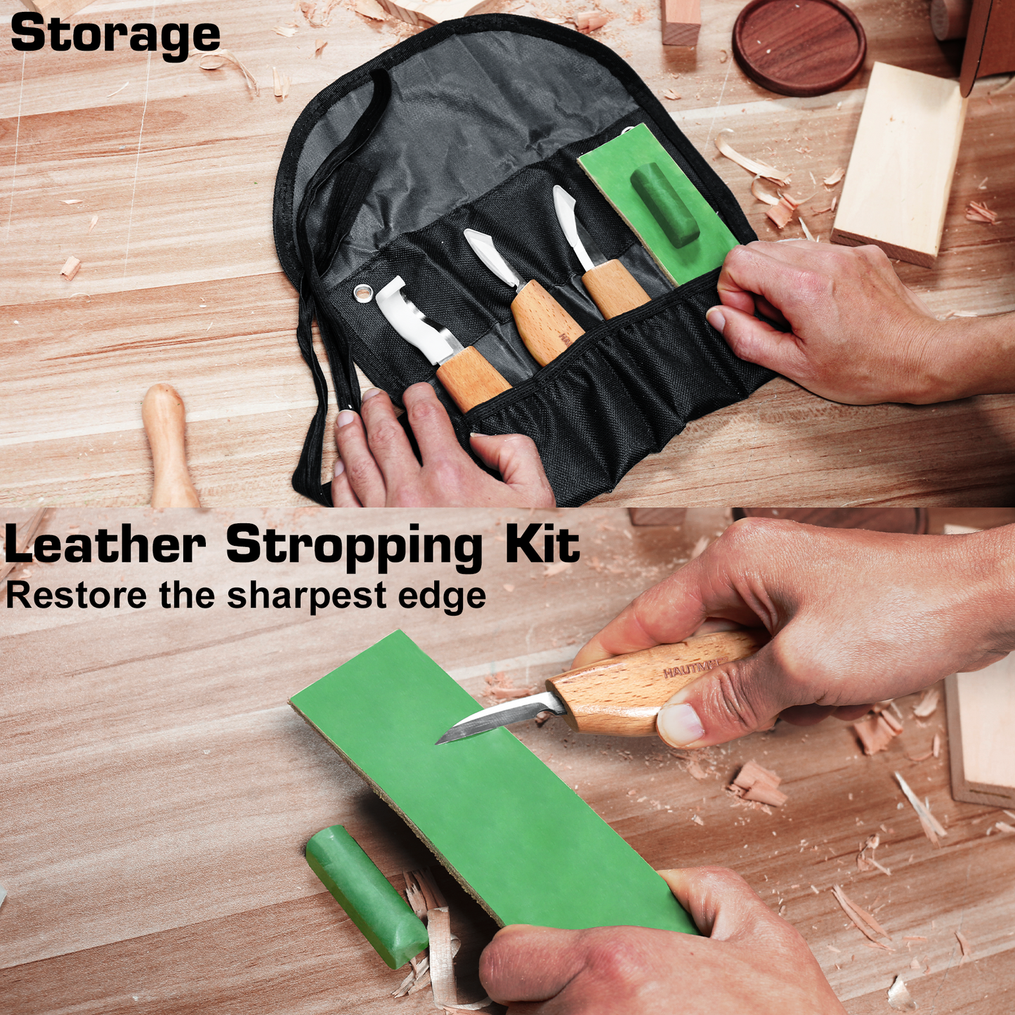 HAUTMEC Wood Carving Whittling Tools Set for Beginner Carver,Youngsters,Includes 3pcs Carving Knives And Leather Strop and Polishing Compound, HT0390