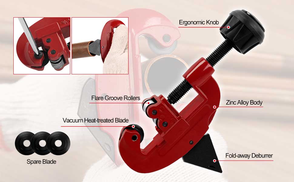 HAUTMEC Adjustable Expert Tube Cutter 1/8in - 1-1/8in (3-30mm) with an Extra Blade and deburrer, Heavy Duty Multipurpose Pipe Cutter for Aluminum, Copper, PVC, Thin Stainless Steel Tube PL7261702