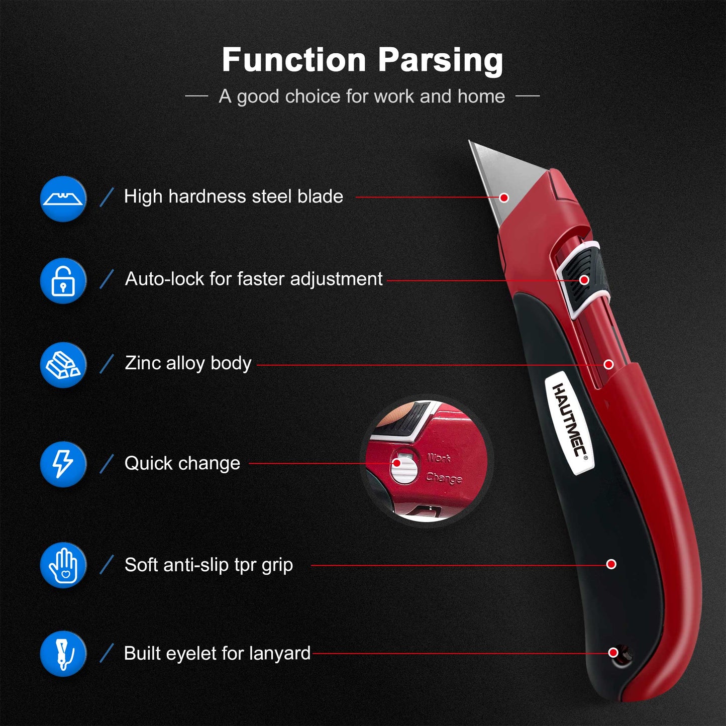 HAUTMEC High Safety Utility Knife With Double Self-Retraction Mechnism, Automatic Blade Retraction After Cuts & Self-retraction by Release Push Button, Self-retracting Box Cutter HT0195-KN