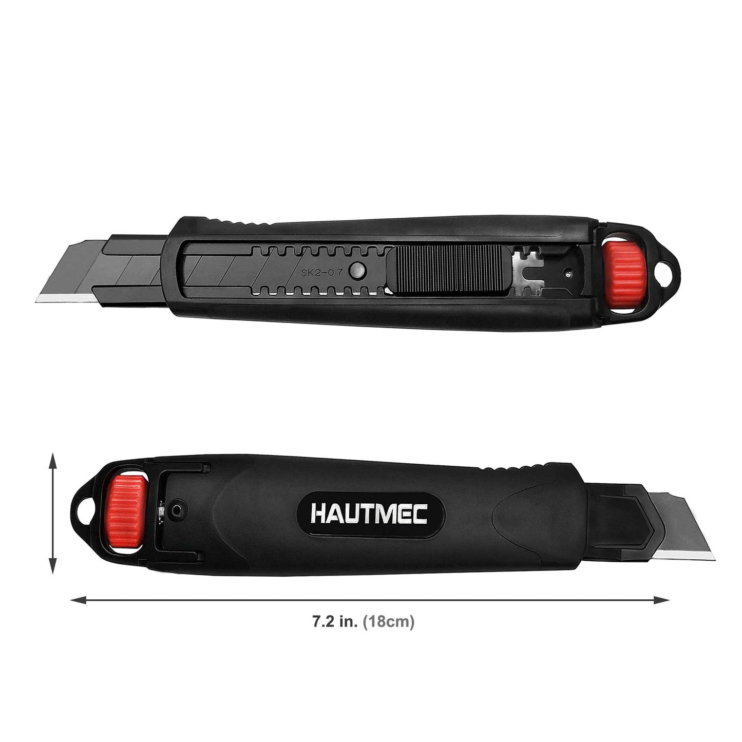 HAUTMEC 4PCS 18mm Extra Heavy Duty Utility Knife with Double Lock Mechanism, Auto-Lock and Ratchet- Lock for Double Safety, SK2 Sharp Black Blade for Industrial or Construction Applications HT0136-4PC