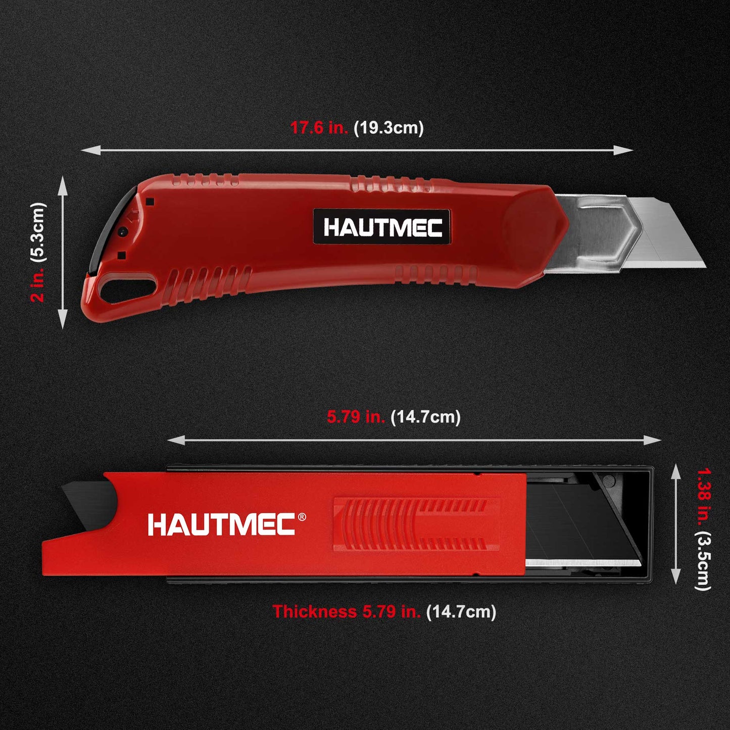 HAUTMEC 25mm Extra Heavy-Duty Utility Knife with 10pcs Blades Set, Snap-off Retractable Box Cutter, Auto-lock Mechanism, Sturdy Body HT0095-KN