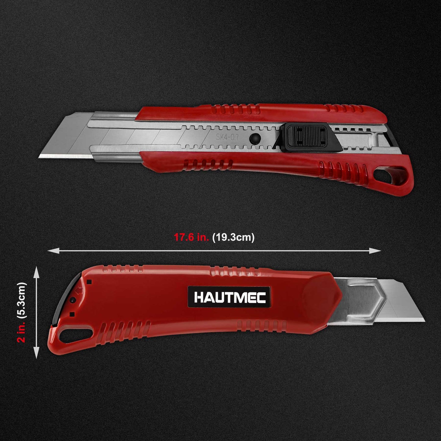 HAUTMEC 2PCS 25mm Extra Heavy-Duty SK4 Utility Knife, 3pcs blade Snap-off Retractable Box Cutter, Auto-lock Mechanism, Blade Storage Design HT0080-2PC