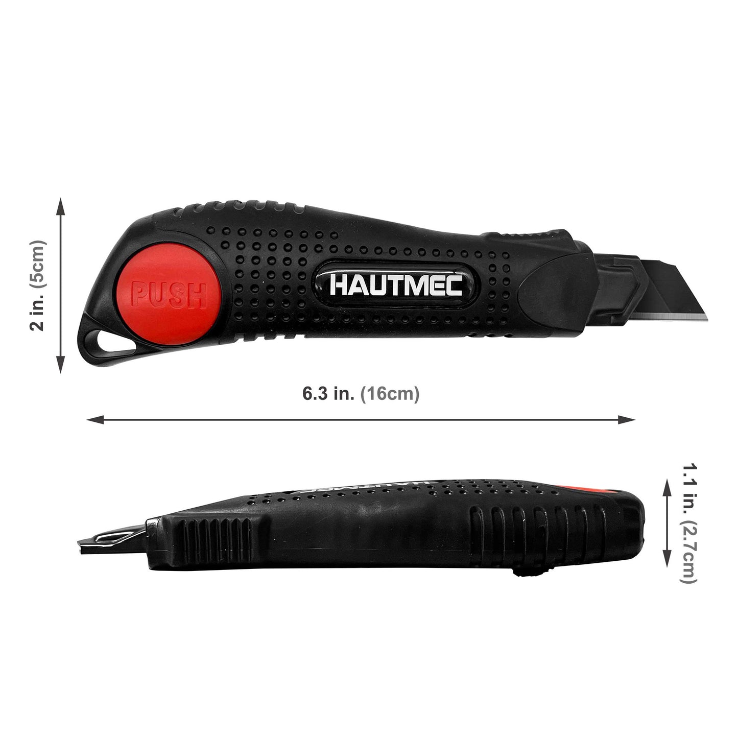 HAUTMEC 2PCS 18mm Utility Knife Box Cutter with Safety Quick Change Button, Snap off Black SK2 Ultra Sharp Blade, Anti-Slip Ergonomic Rubber Handle for Leather, Rubber, Cartons, Boxes HT0081-2PC