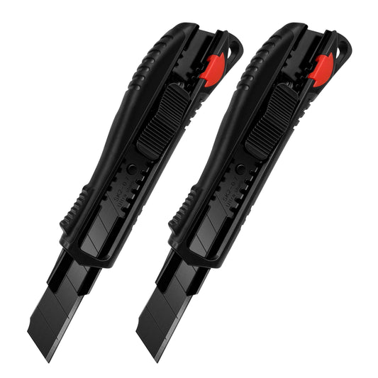 HAUTMEC 2PCS 18mm Utility Knife Box Cutter with Safety Quick Change Button, Snap off Black SK2 Ultra Sharp Blade, Anti-Slip Ergonomic Rubber Handle for Leather, Rubber, Cartons, Boxes HT0081-2PC