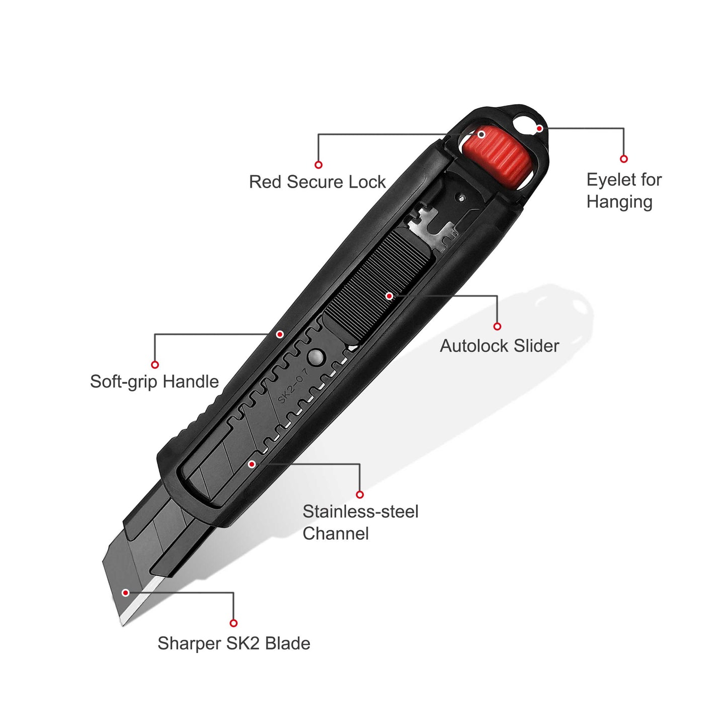 HAUTMEC 4PCS 18mm Extra Heavy Duty Utility Knife with Double Lock Mechanism, Auto-Lock and Ratchet- Lock for Double Safety, SK2 Sharp Black Blade for Industrial or Construction Applications HT0136-4PC