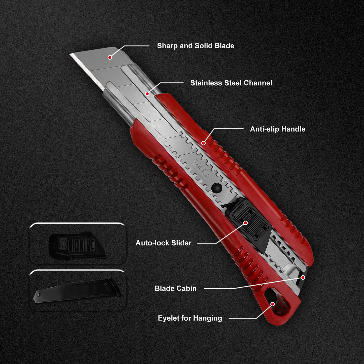 HAUTMEC 10PCS 25mm Extra Heavy-Duty SK4 Utility Knife, 3pcs blade Snap-off Retractable Box Cutter, Auto-lock Mechanism, Blade Storage Design HT0080-10PC
