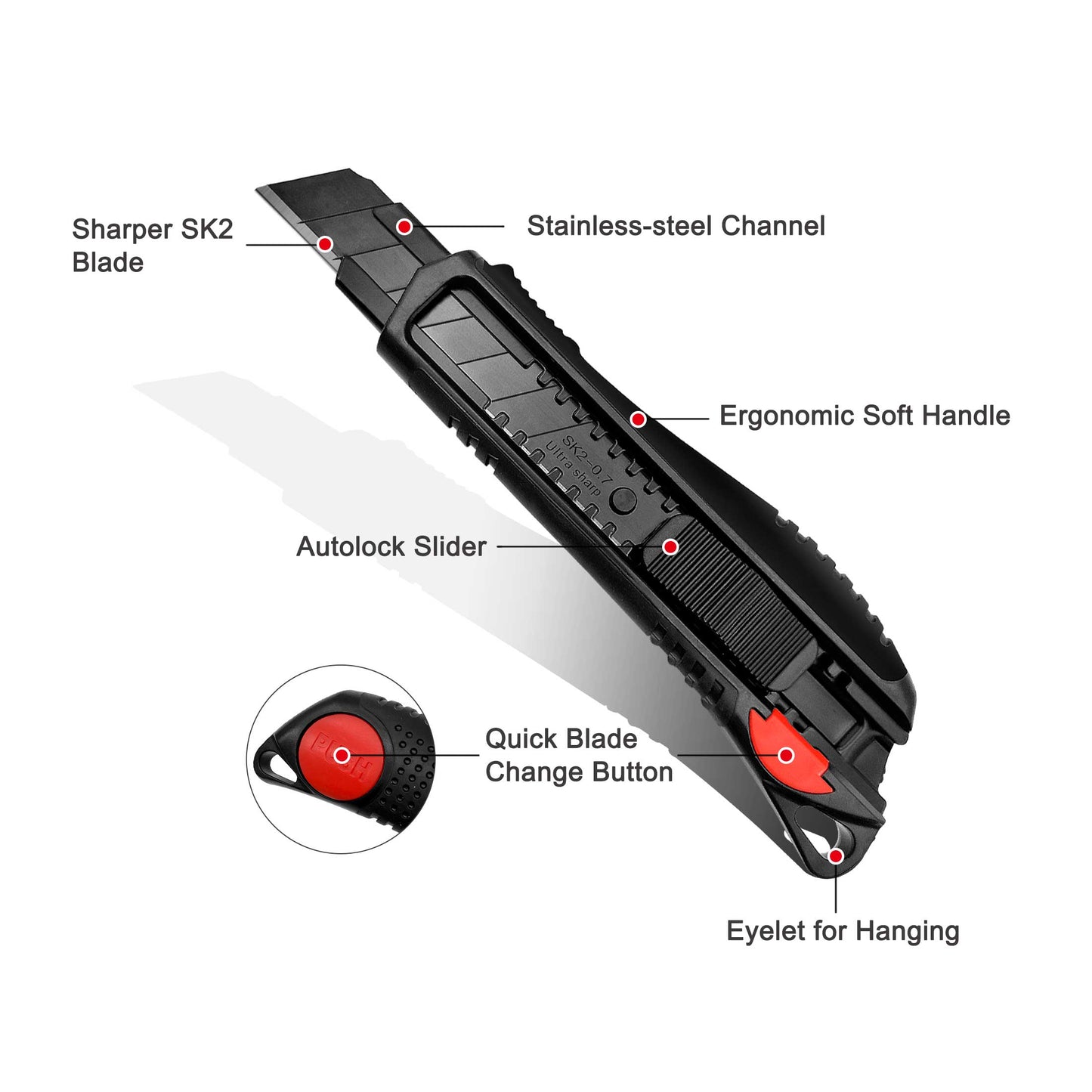 HAUTMEC 4PCS18mm Utility Knife Box Cutter with Safety Quick Change Button, Snap off Black SK2 Ultra Sharp Blade, Anti-Slip Ergonomic Rubber Handle for Leather, Rubber, Cartons, Boxes HT0081-4PC