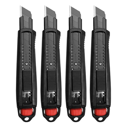 HAUTMEC 4PCS 18mm Extra Heavy Duty Utility Knife with Double Lock Mechanism, Auto-Lock and Ratchet- Lock for Double Safety, SK2 Sharp Black Blade for Industrial or Construction Applications HT0136-4PC