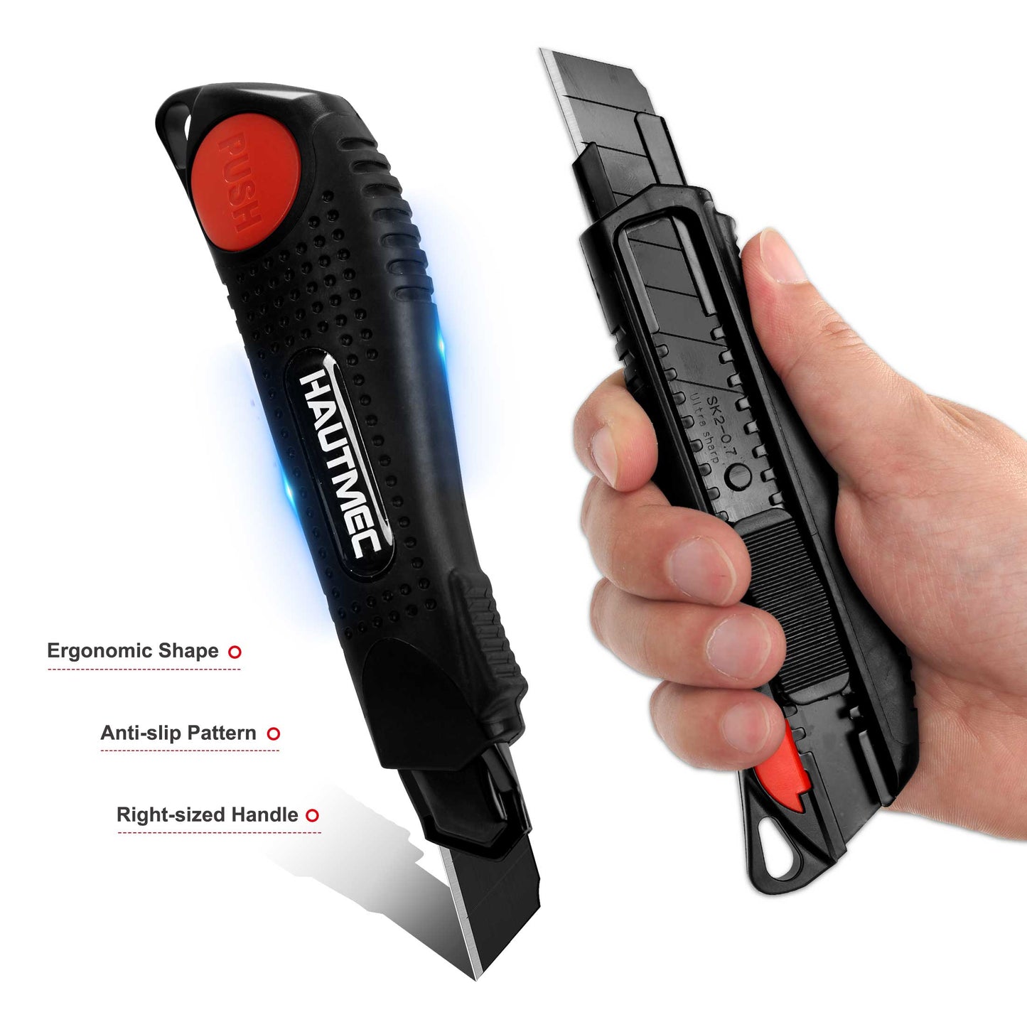 HAUTMEC 2PCS 18mm Utility Knife Box Cutter with Safety Quick Change Button, Snap off Black SK2 Ultra Sharp Blade, Anti-Slip Ergonomic Rubber Handle for Leather, Rubber, Cartons, Boxes HT0081-2PC