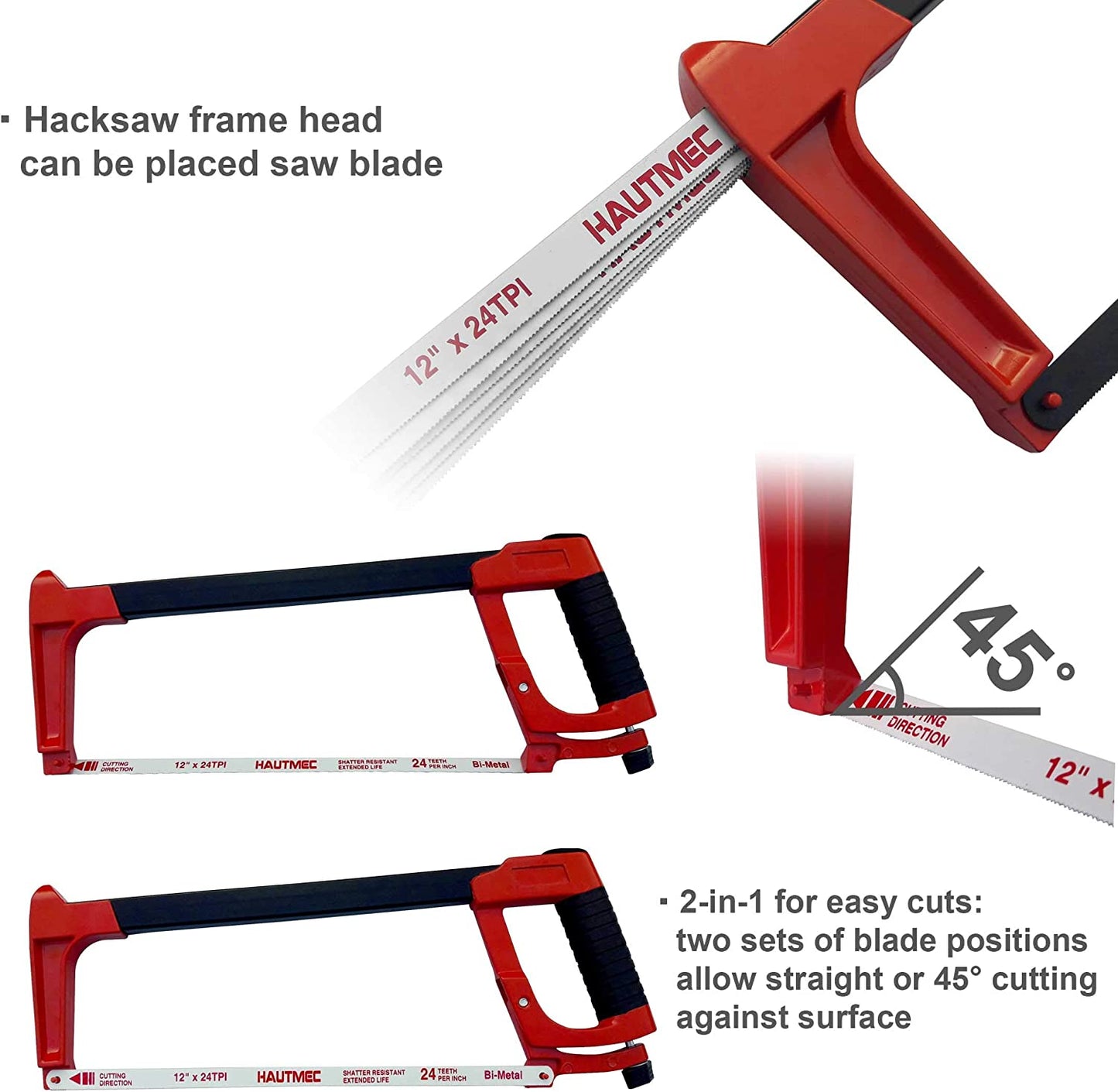HAUTMEC 12 Inch Adjustable Hacksaw Frame With Blade Cabin, Heavy Duty 45°/90°2 Sawing Angles, 24 TPI High Tension Bi-metal HSS Blade, for Metal, Steel Pipe, PVC, Wood HT0015-CT
